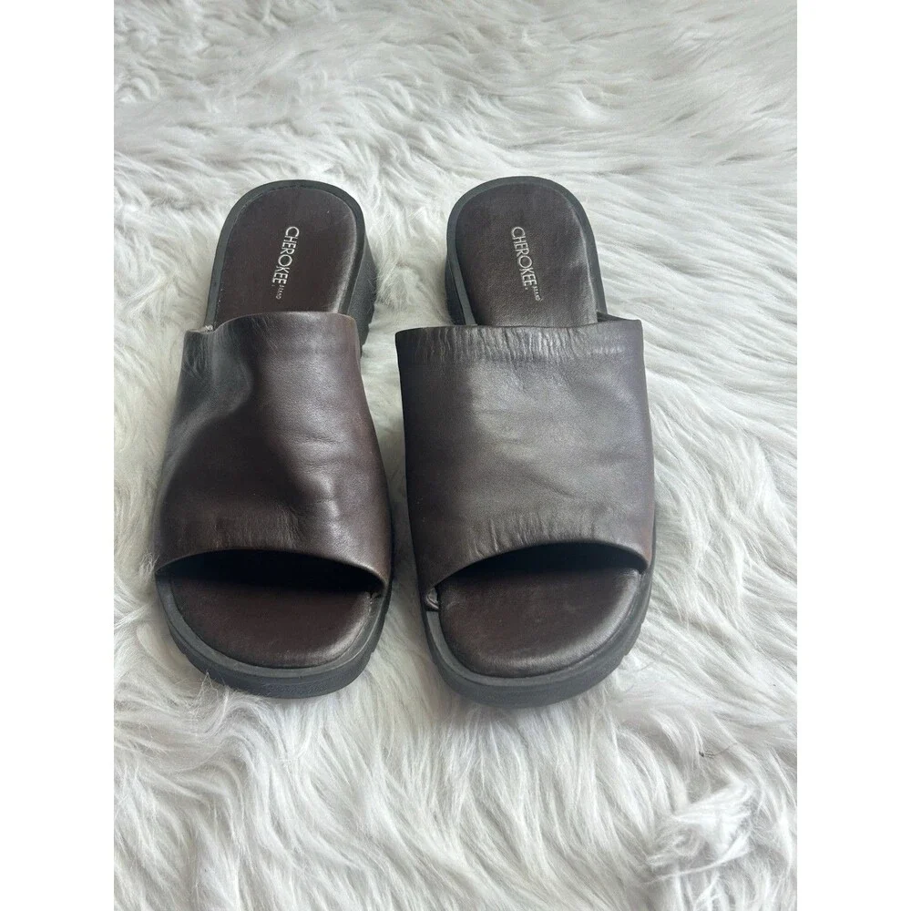 Cherokee Women's 10 Brown Leather Chunky Platform Vintage Style Comfort Slides